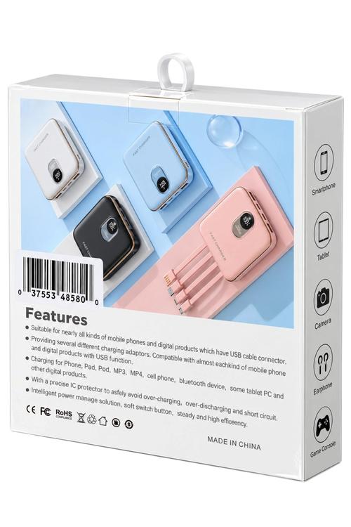 Portable 10,000 mAh Super Fast Charging Power Bank with 4 Built-In Cables Black